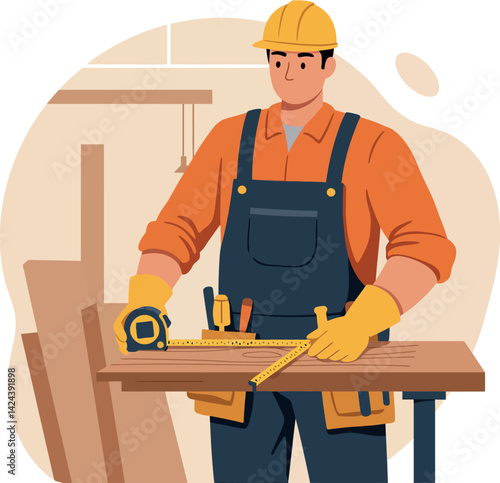 Male Carpenter Measuring Wood with Tape Measure and Tools Vector Illustration 