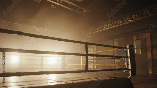 Dramatic view of an empty boxing ring bathed in hazy light, showcasing a gritty urban training facility, with metal support beams and ropes.