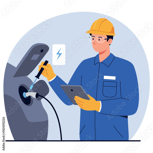 Electrician Checking Electric Car Charging Station with Tablet in Blue Uniform and Yellow Helmet 