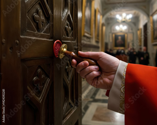 A Cardinal sealing the wooden doors of the Chapel with a wax stamp, marking the start of the secret papal conclave in the Vatican.