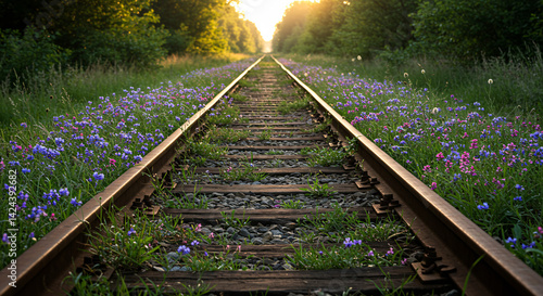 Scenic Railroad Tracks Leading Through Wildflower Field Under Sunset Sky