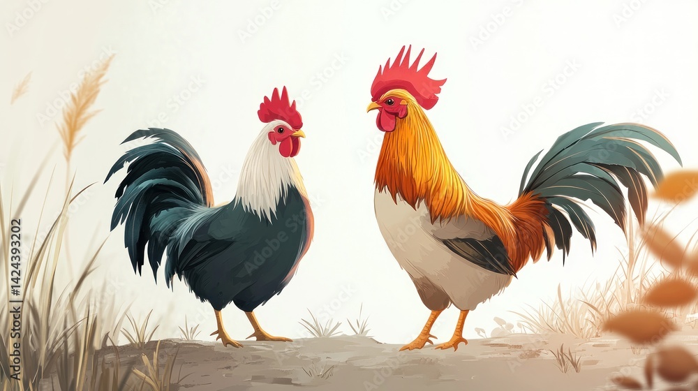 Fototapeta premium Two roosters in a field