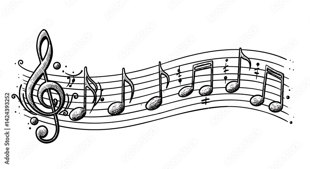 Obraz premium Sketch of Music Notes on Staff, Treble Clef Illustration