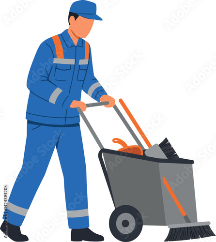 Worker in blue uniform pushing cleaning cart with broom and dustpan vector illustration 