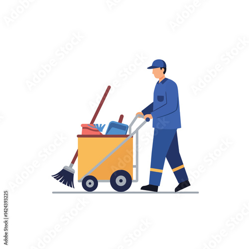 Janitor pushing cleaning cart with tools in uniform and cap vector illustration 