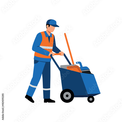 Worker pushing cleaning cart with supplies in uniform vector illustration 