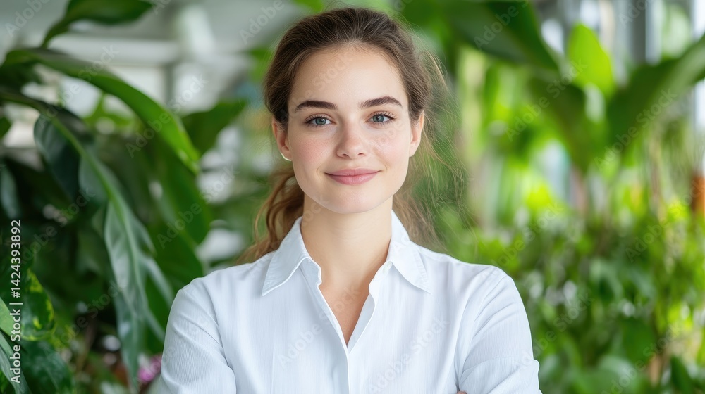 Smiling woman in a white shirt, surrounded by plants Smiling woman in a white shirt, surrounded by plants