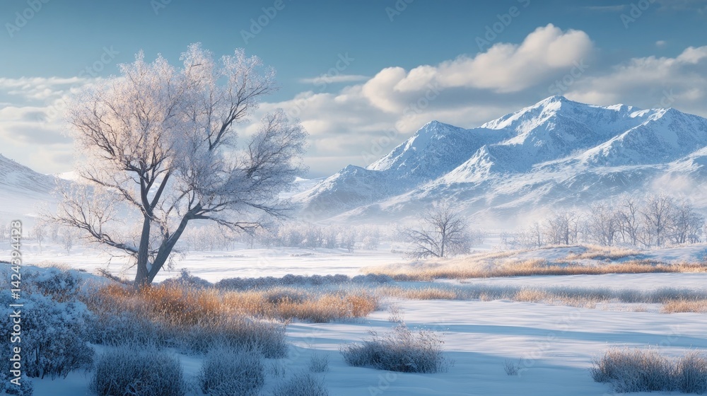 Snowy winter landscape with trees, mountains, and fields in the countryside Snowy winter landscape with trees, mountains, and fields in the countryside