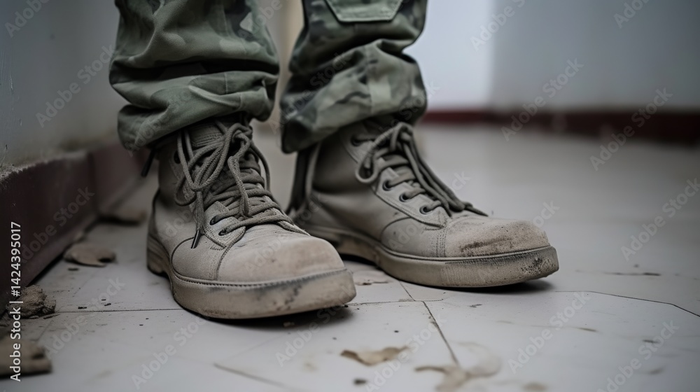 Close up of military style boots on dirty floor in casual urban environment Close up of military style boots on dirty floor in casual urban environment