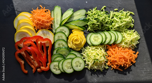 Fresh Sliced Vegetables Composition On A Dark Background Food Presentation