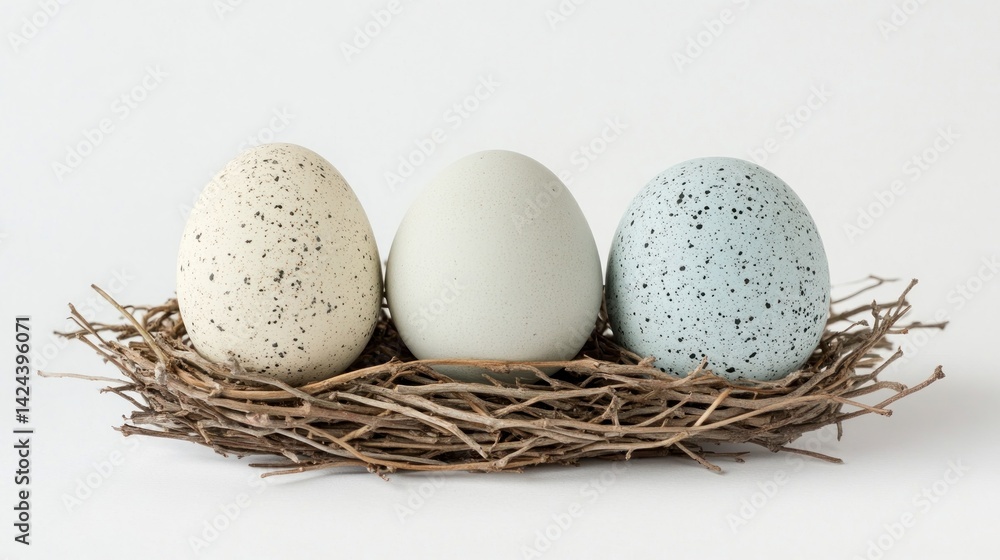 Obraz premium Three speckled eggs in a nest