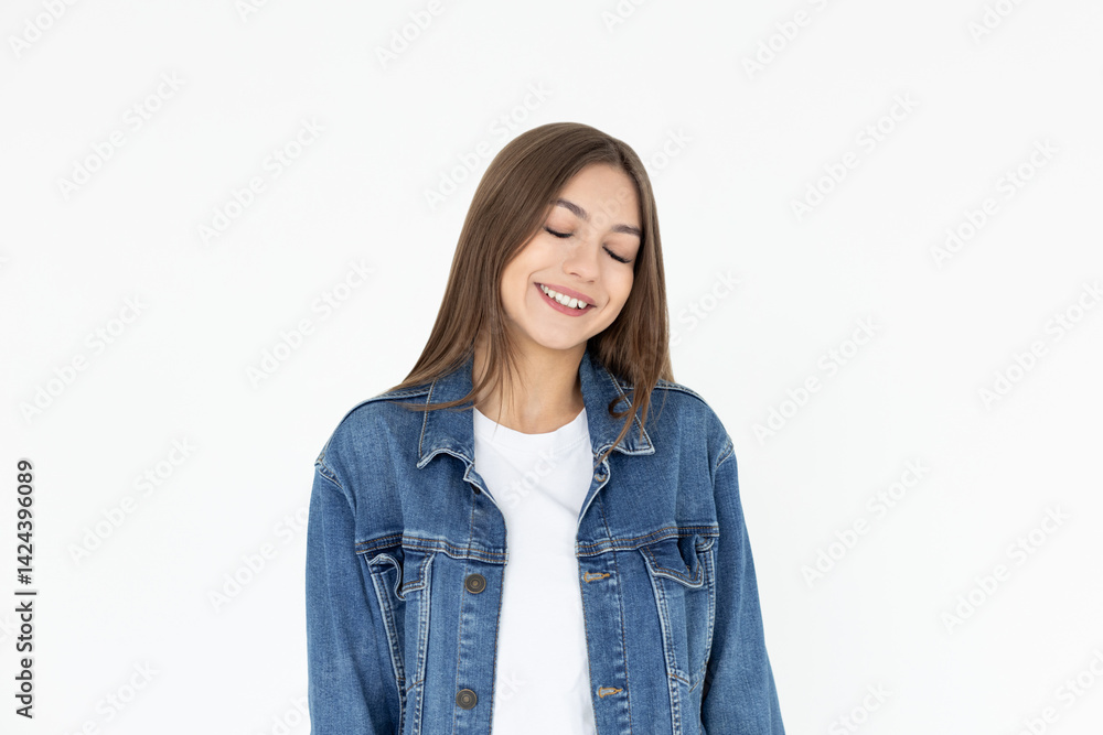 Beautiful caucasian woman dreamy smiling with eyes closed, standing relaxed and happy against white background. Copy space Beautiful caucasian woman dreamy smiling with eyes closed, standing relaxed and happy against white background. Copy space