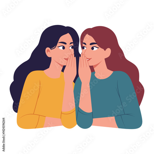 a girl is whispering about rumors or news, two girls are gossiping. vector flat design