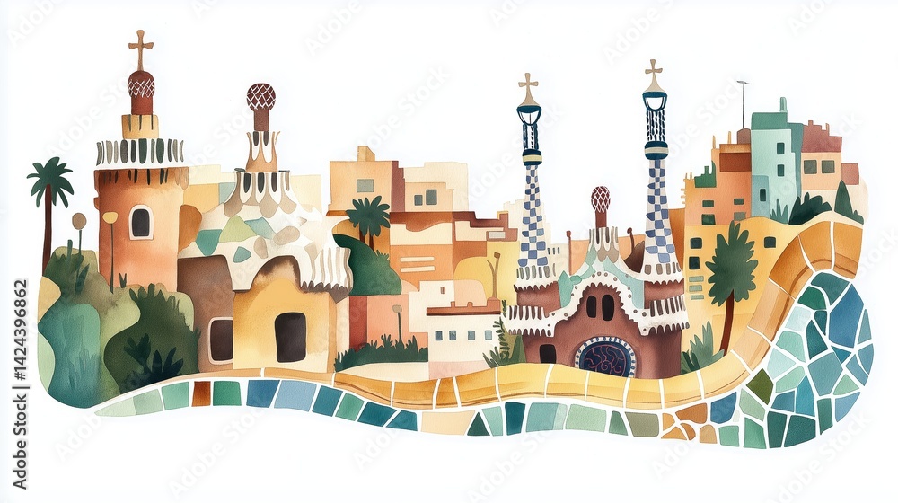 Naklejka premium Park Guell. Park Guell hand drawn watercolor illustration