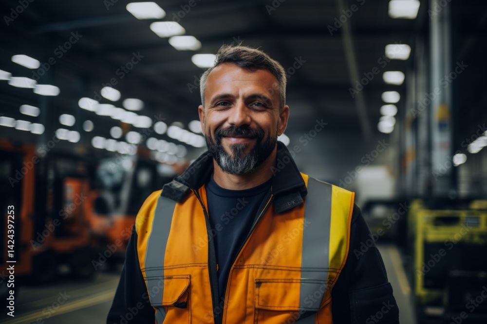 confident smiling man portrait in a factory worker confident smiling man portrait in a factory worker