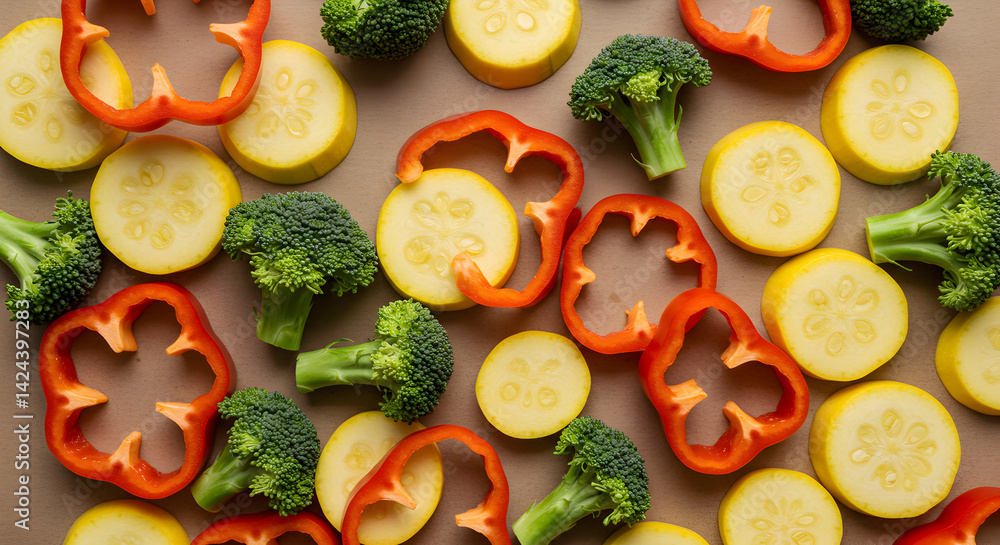 Vibrant Still Life Of Fresh Broccoli Yellow Squash And Red Bell Pepper Vibrant Still Life Of Fresh Broccoli Yellow Squash And Red Bell Pepper