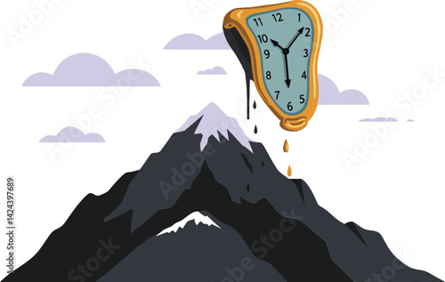 Melting clock surrealism illustration with mountain landscape and cloudy sky in creative vector art design