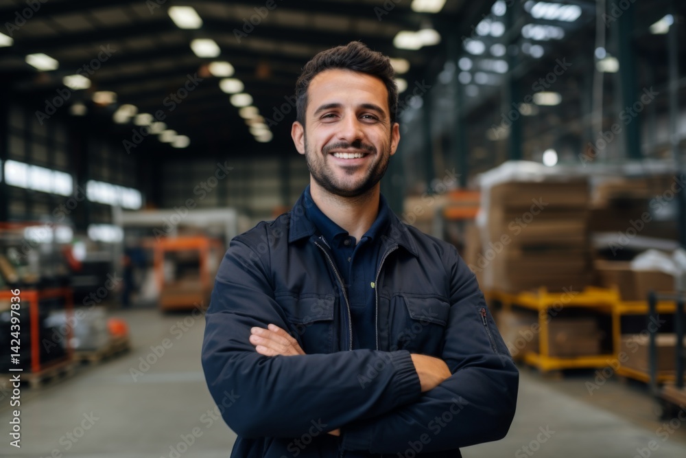 confident smiling man portrait in a factory worker confident smiling man portrait in a factory worker