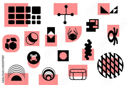 Retro futuristic postmodern vector minimalistic shapes design. Modern monochrome print brutalism, extraordinary graphic elements of geometrical shapes composition. 