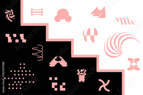 Retro futuristic postmodern vector minimalistic shapes design. Modern monochrome print brutalism, extraordinary graphic elements of geometrical shapes composition. 
