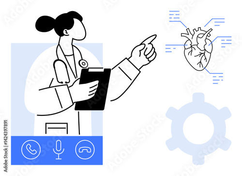 Female doctor holding clipboard during a telemedicine session, pointing at a diagram of a heart. Ideal for healthcare, teleconsultation, cardiology, medical apps, diagnostics, virtual care, flat