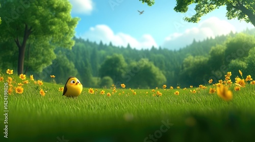 Cute bird in a vibrant spring meadow