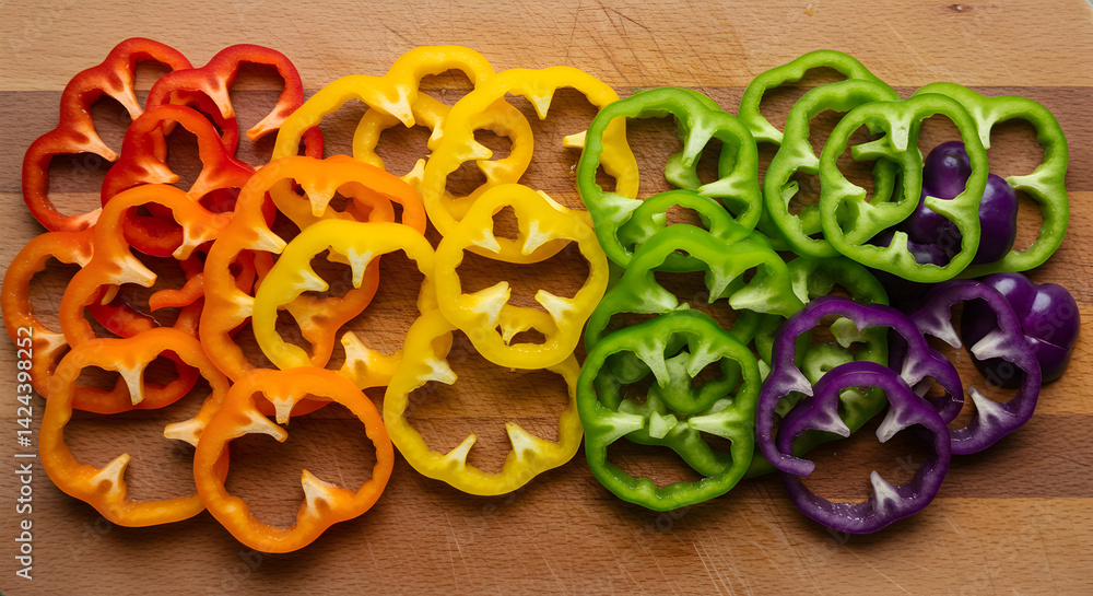 Rainbow Of Sliced Bell Peppers Arranged On A Wooden Cutting Board Rainbow Of Sliced Bell Peppers Arranged On A Wooden Cutting Board