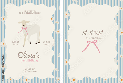 Kids birthday invitation with Cute flat sheep, daisies and bow illustrations in countrystyle life. Farming animal character flat illustration. Vector baby invitation design.
