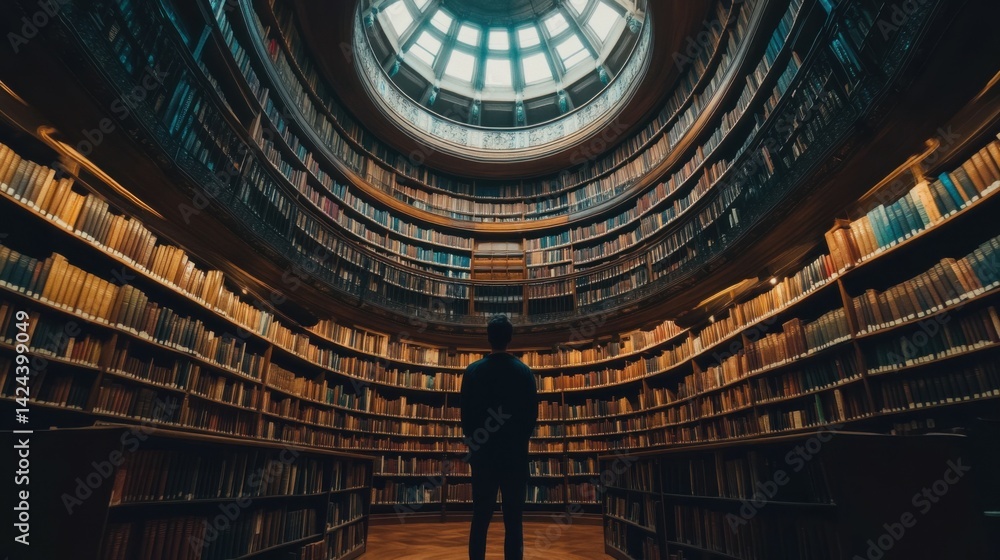 Obraz premium A person stands at the center of a large, circular library, surrounded by towering shelves filled with books, exuding knowledge and contemplation.