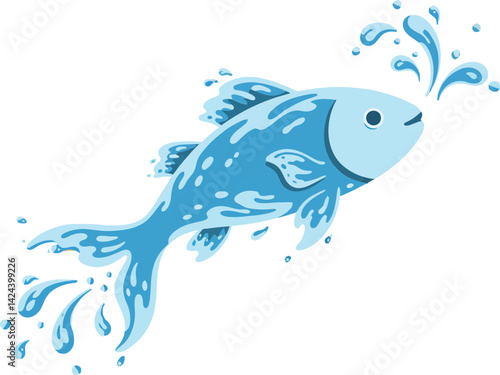 Blue fish vector illustration splashing water droplets in playful aquatic design for creative projects and ocean themes