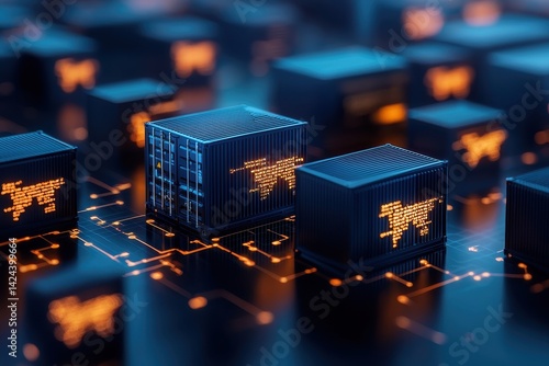 Business and economics are becoming more automated. Futuristic digital containers interconnected with glowing lines in a tech-themed environment.