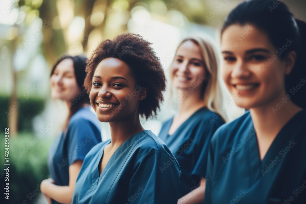 Fototapeta premium diverse group of smiling female nurses at training at college