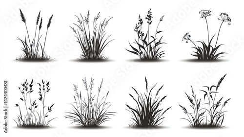 Wildflower silhouettes, meadow plants, nature background, design elements (1)
