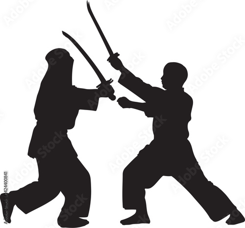 silhouettes of martial artists sword fighting in dynamic action
Description:
Captivating silhouettes of two figures engaged in sword fighting, wearing traditional martial arts attire. 