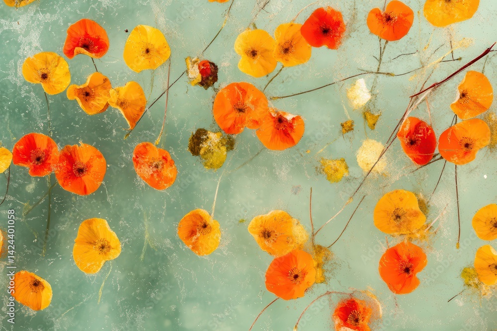 Vibrant orange and yellow flowers, delicate petals, frozen surface