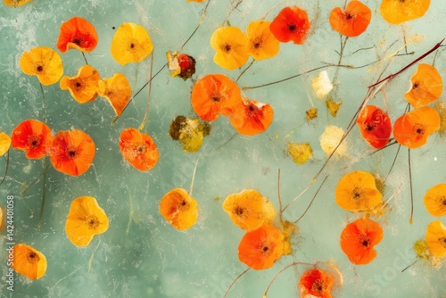 Obraz na płótnie Vibrant orange and yellow flowers, delicate petals, frozen surface w salonie