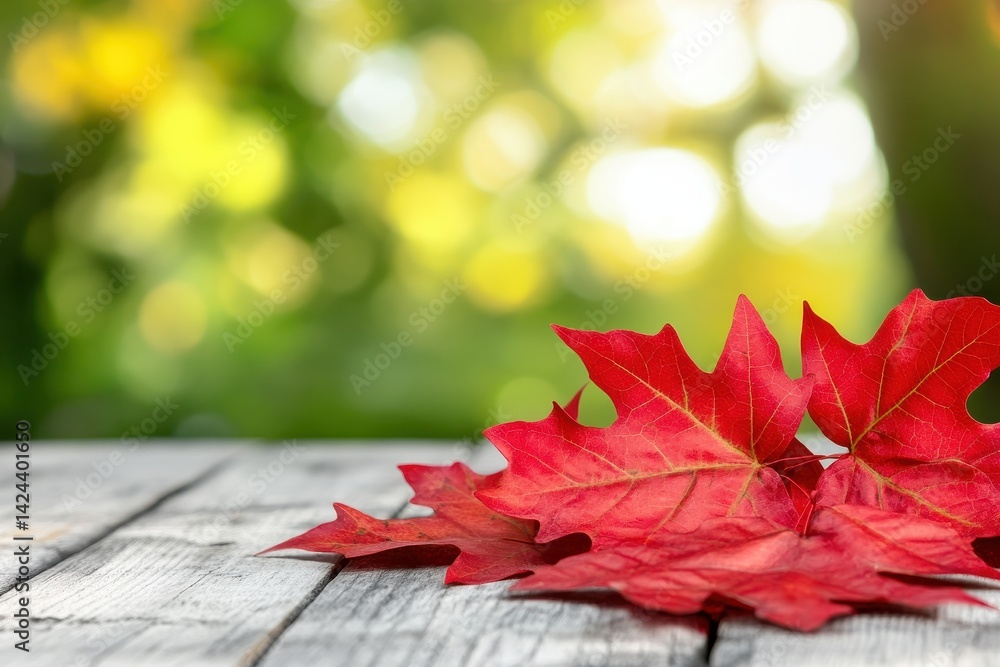 Vibrant red autumn leaves on rustic wooden surface