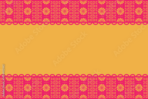 Yellow vector background with pink mexican ornament cut out of paper. Fiesta, Cinco de Mayo - ornament decorated with pattern and flowers. Ethnic mexican background for greetings, cards, banners.