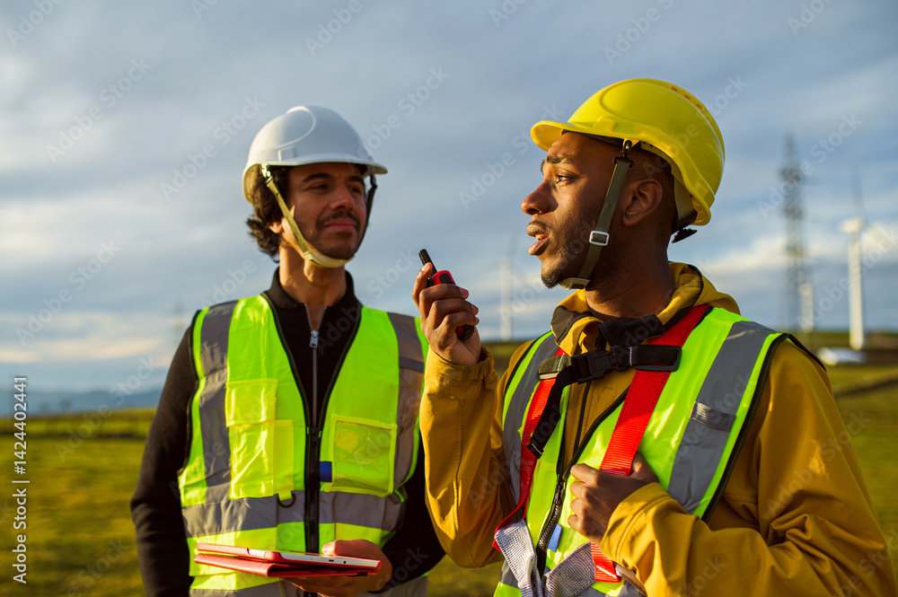 Two engineers wearing safety vests and helmets are discussing a project near wind turbines, using a walkie talkie for communication
