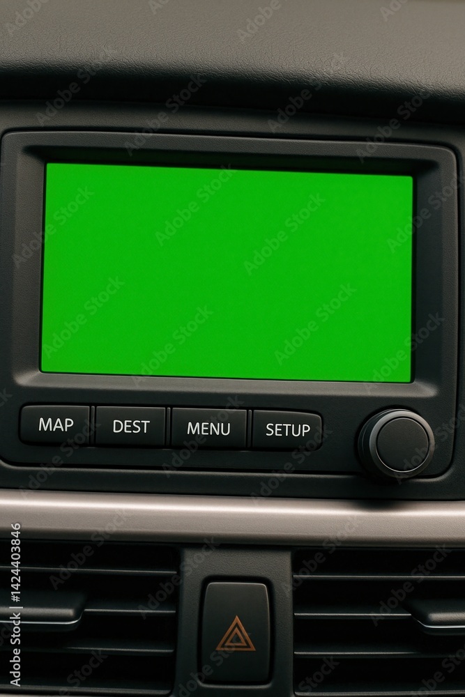 Modern car dashboard showing green screen display for navigation or entertainment Modern car dashboard showing green screen display for navigation or entertainment