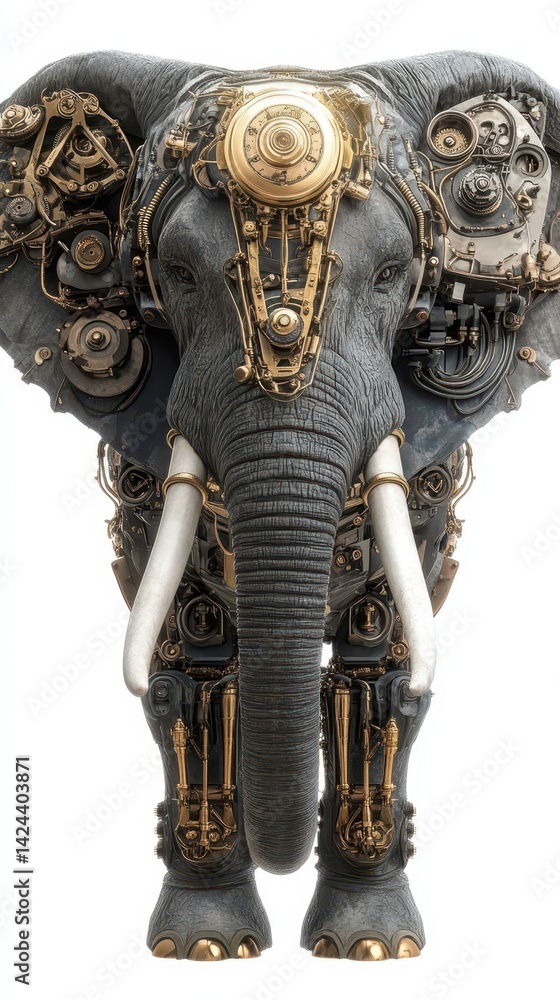 Fototapeta premium A steampunk elephant with intricate golden mechanical details.
