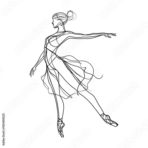 Silhouette of ballet dancer in dynamic pose, captured in elegant minimal line art style. Artistic illustration of movement, grace, and dance. Vector illustration.