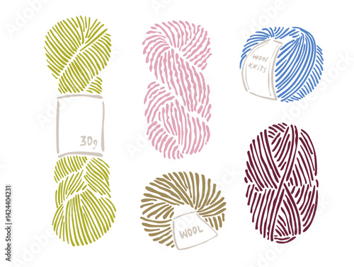 Set of colorful yarn skeins with paper labels in different shapes and colors. Flat hand-drawn illustration isolated on white background. Knitting and crochet supply. Hobby and DIY concept