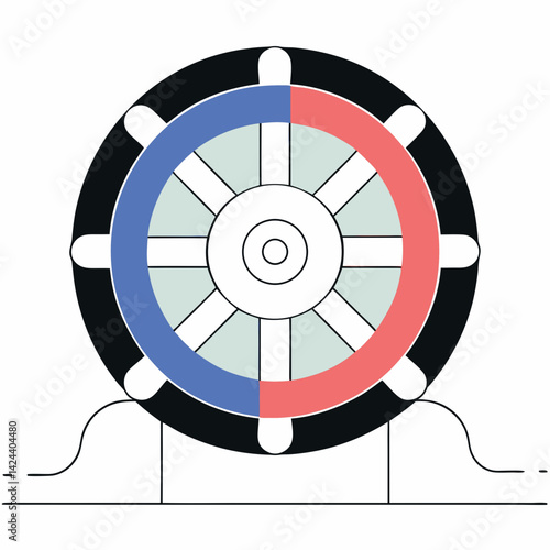 A ship's wheel, half blue and half red, symbolizes a journey of balanced choices and progress, rendered in a minimalist line art style.