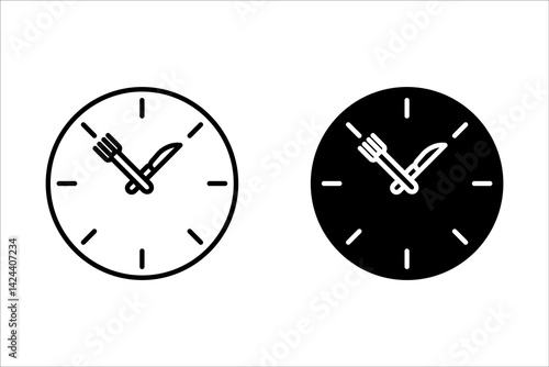 Business lunch icon. Knife, fork and plate with clock illustration. Lunch time symbol.