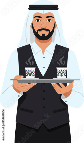 Middle Eastern man serving traditional coffee wearing black vest and white thawb vector illustration