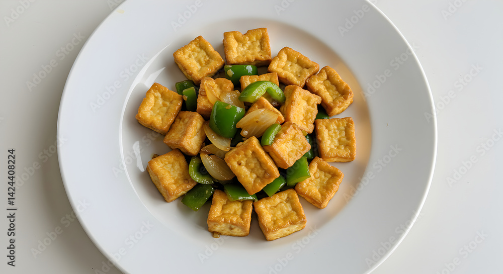 Delicious Tofu Cubes With Fresh Green Bell Peppers Served On White Plate Delicious Tofu Cubes With Fresh Green Bell Peppers Served On White Plate