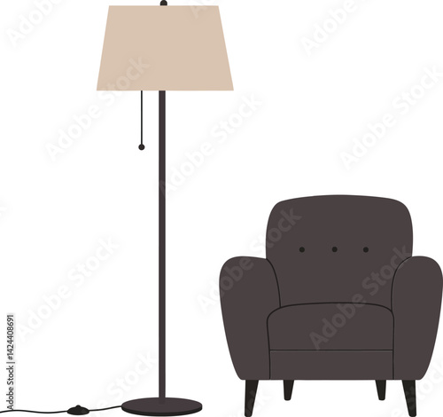 Modern floor lamp and dark armchair furniture set for stylish living room interiors design vector illustration