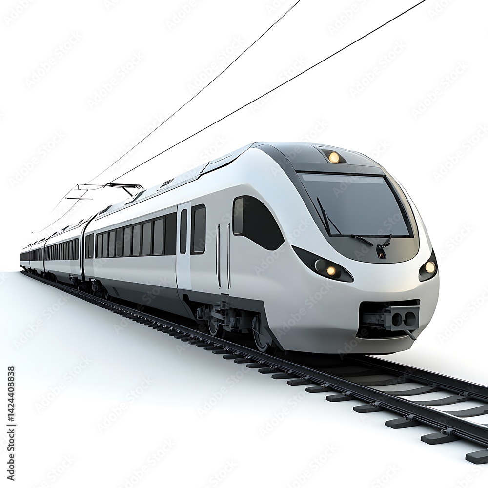 3D Visualization of a Passenger Train with Sleek Design, Isolated on White Background 3D Visualization of a Passenger Train with Sleek Design, Isolated on White Background