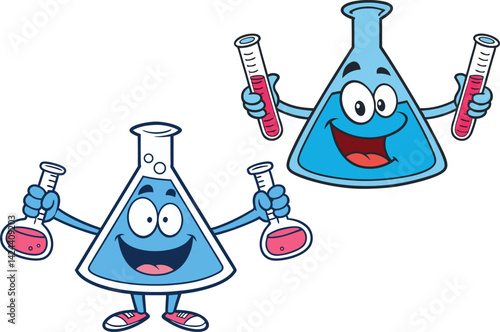 Cartoon Science Beakers with Faces Fun Chemistry Lab Illustration